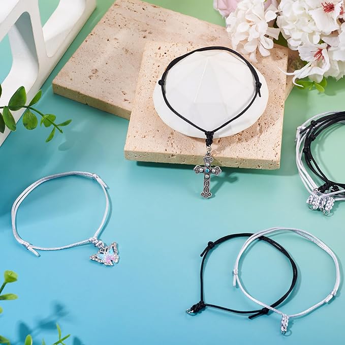 20Pcs Adjustable Braided Cord Black and White Waxed Thread Half Finished Bracelet with Jump Rings Knotting Bracelet Ropes for Wrist DIY Women Jewelry Friendship Bangle Decor 8.5-16cm Long