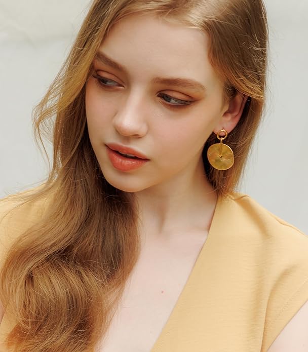 OZEL Gold Dangle Earrings for Women Brushed Finish, Matte Gold Statement Jewelry, 14k Gold Plated
