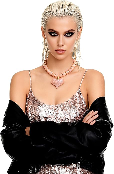 Large Acrylic Heart Necklaces for Women Chunky Puffy Heart Pendant Necklace Exaggerated Statement Love Beaded Choker Necklace Jewelry