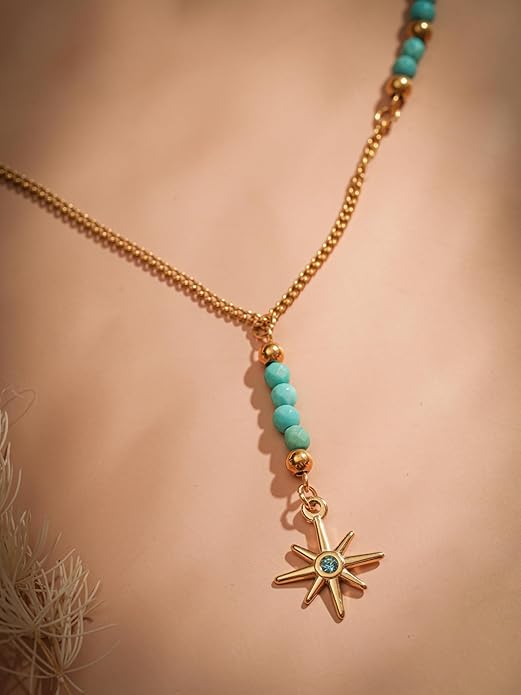 MINACHI Bohemian Created Turquoise Beaded Y-Necklace, Turquoise-toned Multi-shaped Pendant, Dainty Elegant Jewelry for Women