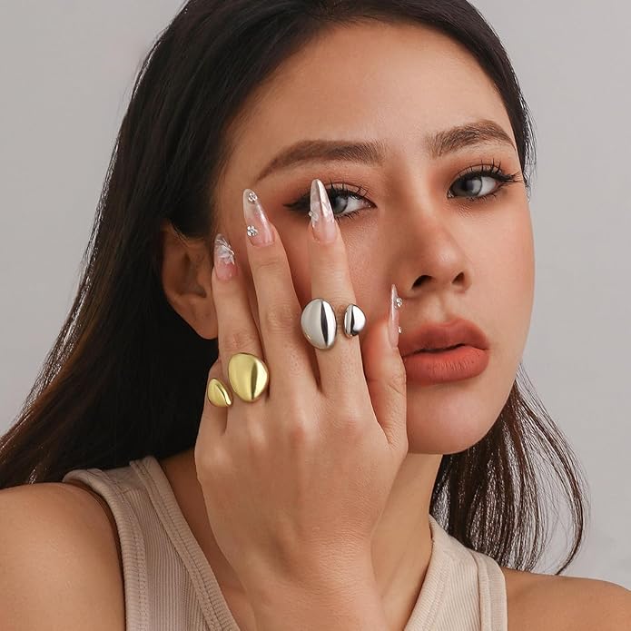 MIFYNN Chunky Gold Rings for Women Gold Silver Adjustable Thick Ring Fashion Statement Ring Open Dome Ring Chunky Silver Rings Geometric Curved Minimalist Simple Rings