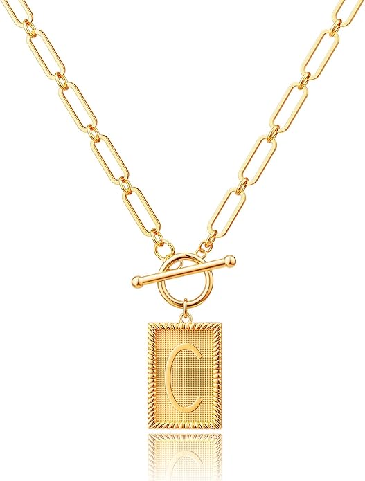 14K Gold Plated Initial Letter Necklace for Women, Personalized Alphabet Pendant with Inspirational Engraving, Paperclip Chain Non-Tarnish Jewelry Gift for Her