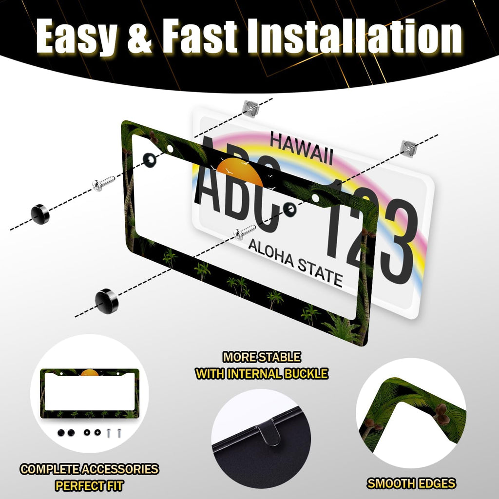 Palm Trees Sunset License Plate Frame Tropical Plants License Plate Holder Stainless Steel Front and Rear Car Tags Auto Parts Colorful License Plate Men Women Decoration with Screws 12.2" x6.2"