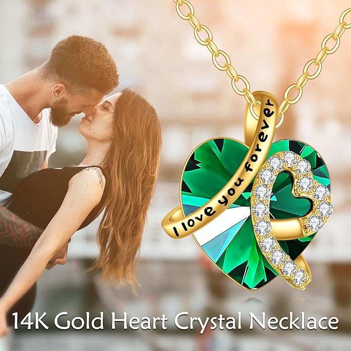 KECHO 14K Real Gold I Love You Forever Necklace Solid Yellow Gold Heart Birthstone Crystal Pendant Jewelry Birthday Mother's Day Anniversary Christmas Gifts for Women