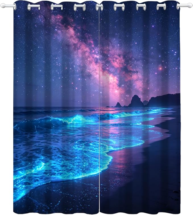 Fluorescent Beach Curtains for Bedroom Living Room, Milky Way Blackout Curtains - Image 4