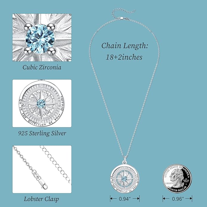 KINGWHYTE Graduation Gifts Birthstone Necklace for Women 925 Sterling Silver Compass Pendant Go in the Direction of your Dream Travel Jewelry Birthday Gift for Her