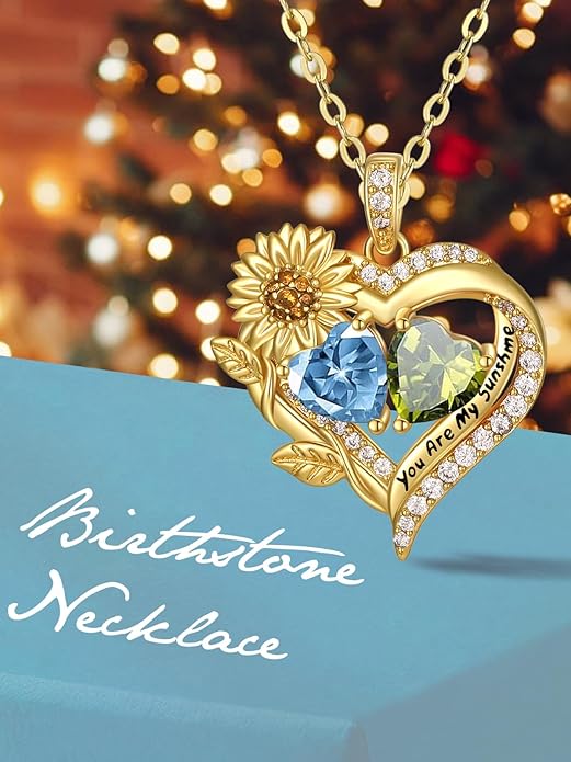 Sunflower Heart Necklace for Women 14K Gold Exquisite Valentines Day Anniversary Birthday Gifts for Wife Mother Her Double Birthstone Pendant Jewelry‘You Are My Sunshine’