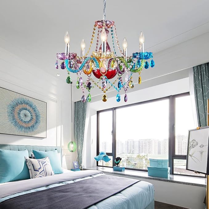 Saint Mossi Modern Colorful K9 Crystal Chandelier with 5 Lights, Contemporary Pendant Ceiling Lighting Fixture for Dining Room,Bedroom,Living Room,H19 x W19 with Adjustable Chain
