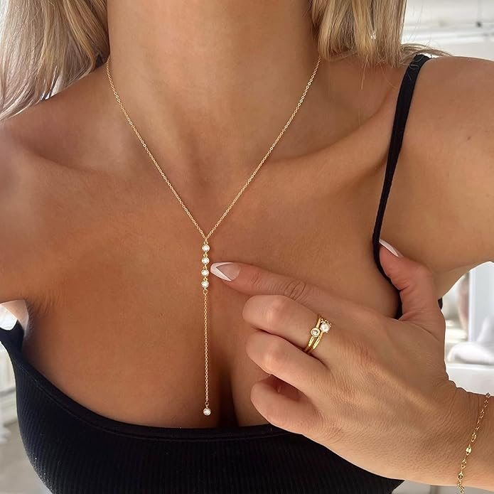 Luxval Lariat Gold Necklace for Women, Dainty Long Necklace 14k Gold Plated/Silver Y-Shaped Pendant Necklaces Trendy Beaded Chain Drop Necklaces Jewelry for Women Gifts
