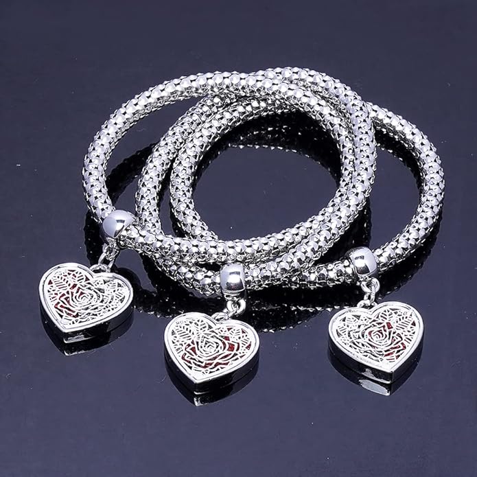 Crystal Charms Multilayer Bracelets - 3PCS Gold/Silver/Rose Gold Corn Chain Bracelet for Women, Tree of Life Heart Shaped Stretch Bracelet