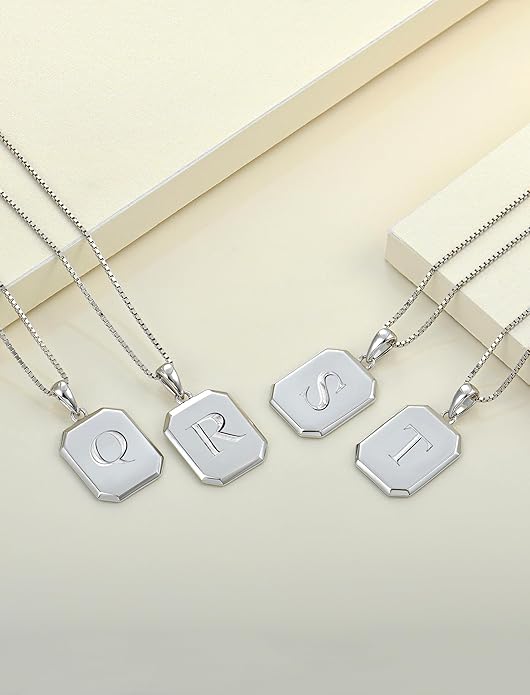 YL Initial Necklace 925 Sterling Silver Square/Round/Heart Letter Pendant A-Z Alphabet Polished Jewelry for Women