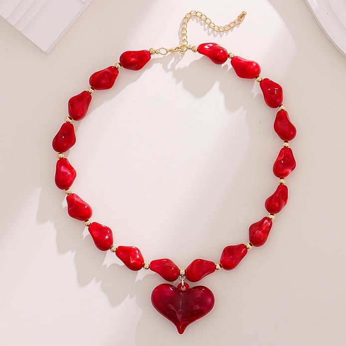 Large Acrylic Heart Necklaces for Women Chunky Puffy Heart Pendant Necklace Exaggerated Statement Love Beaded Choker Necklace Jewelry