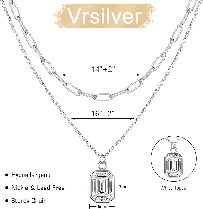 Layered Birthstone Necklace for Women Girls, 14K Gold-Plated Paperclip Chain Choker Necklace with Rectangle Birthstone Pendant Birthday Gifts for Women Girls Dainty Small