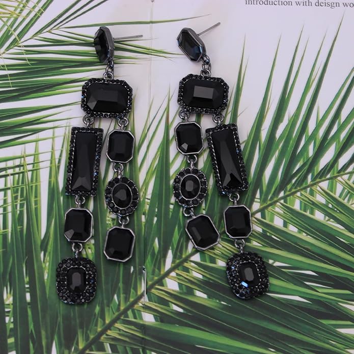 Vintage Rectangle Teardrop Chandelier Earrings, Art Deco Wedding Austrian Crystal Drop Dangle Earrings for Women Party Prom
