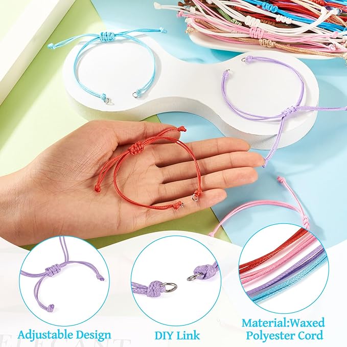 50 Pcs Adjustable Braided Cord Colorful Waxed Thread Half Finished Bracelet with Jump Rings for Wrist DIY Women Jewelry Making Friendship Fashion Bangle Accessory 14-28cm Long