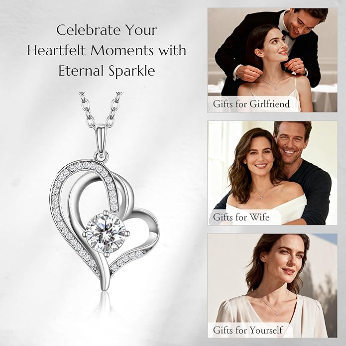 NORBU Moissanite Necklace for Women, 1 CT D Color VVS1 Clarity Round Cut, 925 Sterling Silver Heart Necklace with 18K White Gold Plated, Jewelry Gift for Wedding Anniversary Birthday Christmas Valentine's Day
