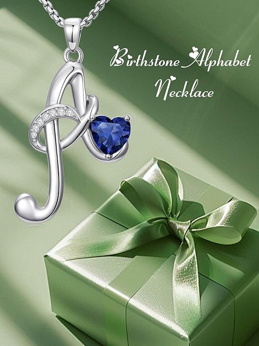 Valentines Day Gifts for Women Alphabet A to Z Initial Birthstone Pendant Necklaces for Women - 18k White Gold Plated Personalized Name Jewelry Valentine Mothers Day Birthday Gifts for Women Her Girlfriend