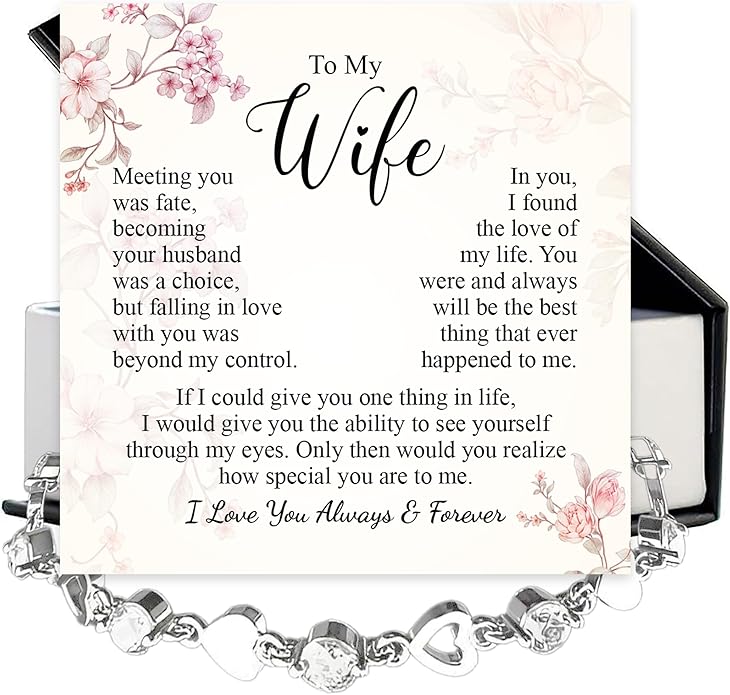 “To My Wife Heart Bracelet – Crystal Heart Link Jewelry Gift with Message Card”.