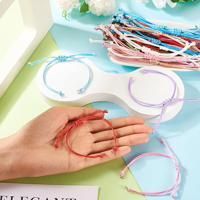 50 Pcs Adjustable Braided Cord Colorful Waxed Thread Half Finished Bracelet with Jump Rings for Wrist DIY Women Jewelry Making Friendship Fashion Bangle Accessory 14-28cm Long