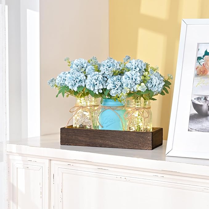 BLEUM CADE 3Pcs Mason Jar with Artificial Flowers Wood Tray and Light | - Image 6