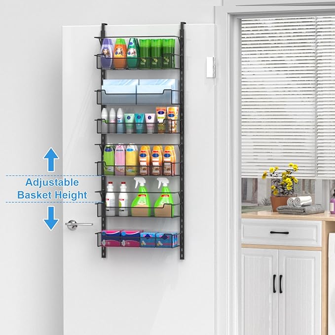 Over the Door Pantry Organizer, 6-Tier Over the Door Organizer with Adjustable Basket, Pantry Door Organization for Pantry Kitchen Storage Room Spice Rack, Black
