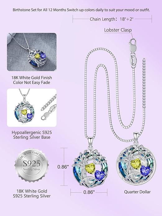 TOUPOP s925 Sterling Silver Family Celtic Tree of Life Pendant Necklaces with 2 Heart Birthstone with Blue Austrian Crystal Jewelry Birthday Valentines Day Gifts for Her, Anniversary Christmas Gifts for Wife Girlfriend Mom (18K Real White Gold Filled)