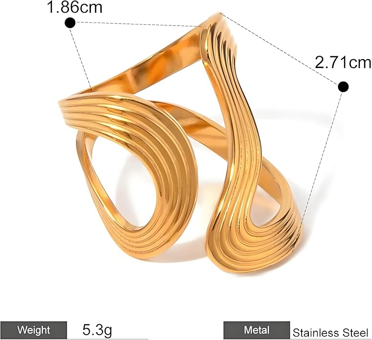 Chunky Rings For Women, Gold Silver Thumb Ring Asymmetrical Wavy Curve Ring Adjustable Non Tarnish Dainty Stainless Steel New Year Anniversary Birthday Jewelry Gift