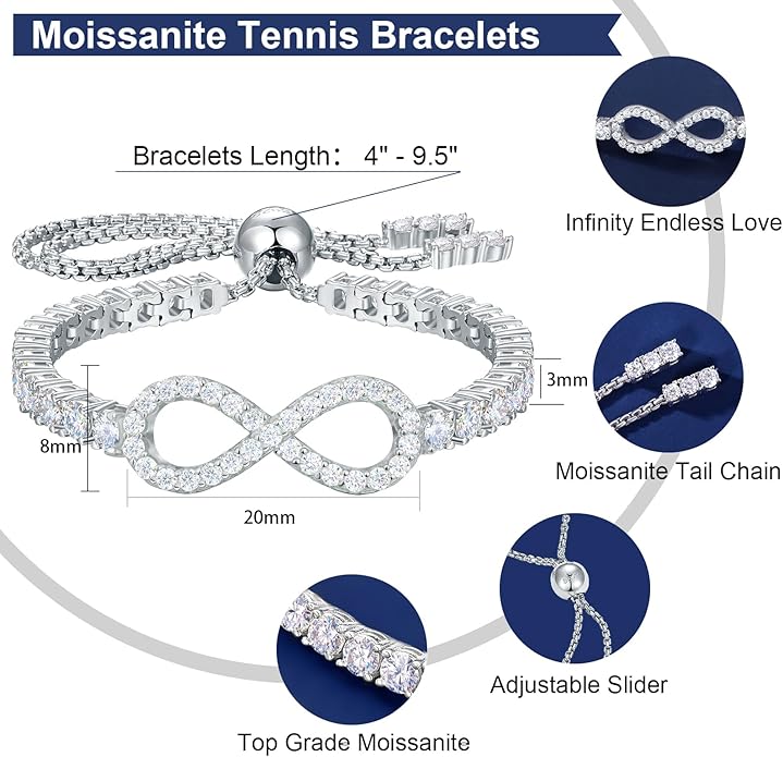 Moissanite Tennis Bracelets For Women, S925 Sterling Silver Infinity Bracelet, 3MM Width 18K Gold Plated White Gold Adjustable Bolo Bracelets- Birthday Christmas Gifts For Mom Wife Her