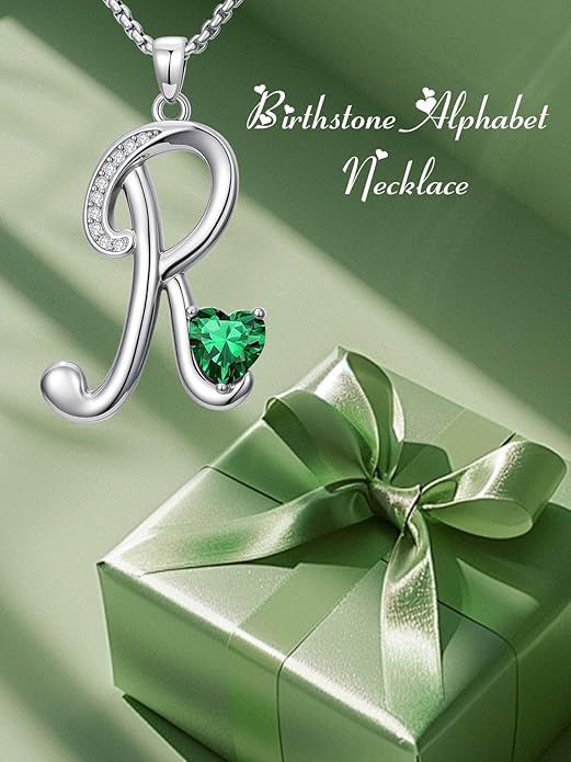 Valentines Day Gifts for Women Alphabet A to Z Initial Birthstone Pendant Necklaces for Women - 18k White Gold Plated Personalized Name Jewelry Valentine Mothers Day Birthday Gifts for Women Her Girlfriend