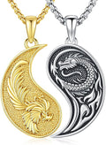 MEDWISE Dragon Phoenix Yin Yang Necklace Double 925 Sterling Silver Dragon Phoenix Pendant Partner Friendship Couples BFF Pendant Necklace Yin Yang Jewelry Matching Set for Her Him Women Men