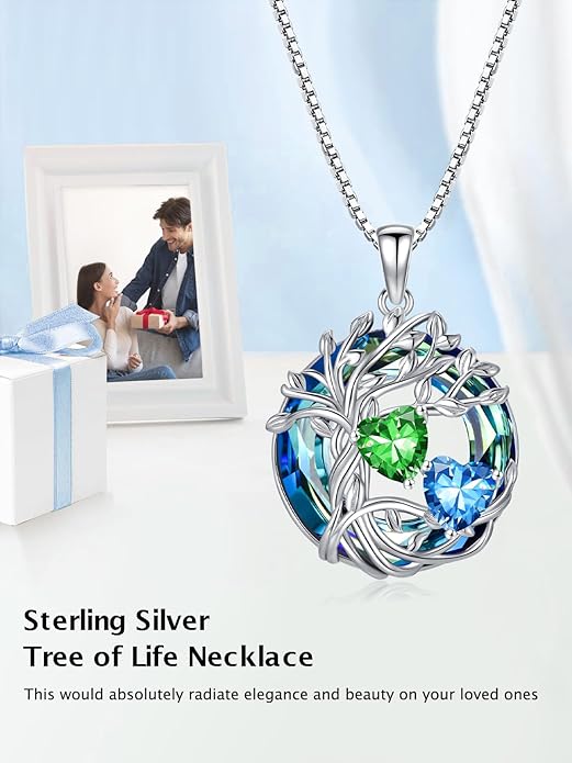 TOUPOP s925 Sterling Silver Family Celtic Tree of Life Pendant Necklaces with 2 Heart Birthstone with Blue Austrian Crystal Jewelry Birthday Valentines Day Gifts for Her, Anniversary Christmas Gifts for Wife Girlfriend Mom (18K Real White Gold Filled)