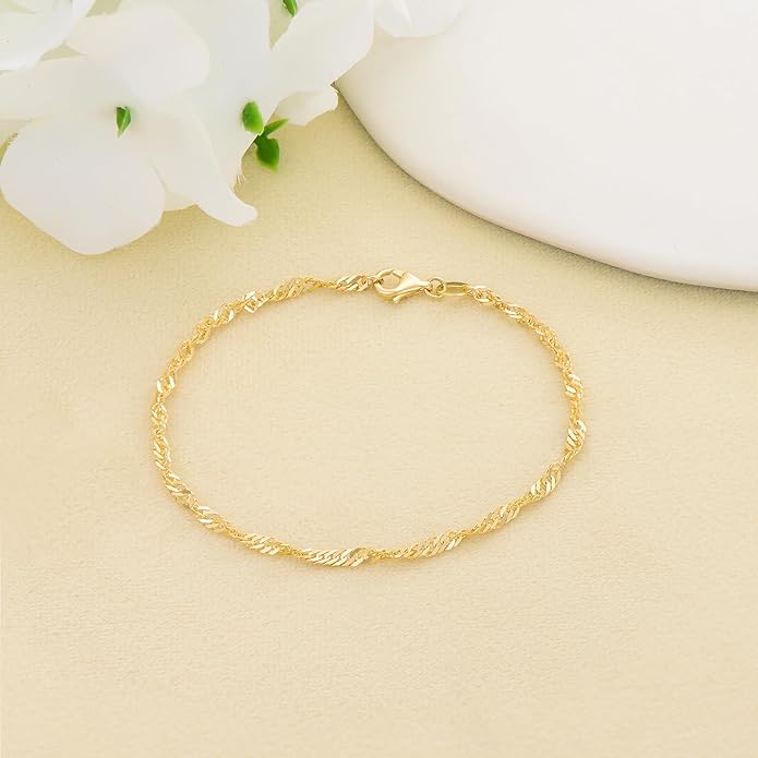 14K Yellow Gold 6-13 Inch 1.2mm-3.2mm Chain Bracelet Anklet for Women, Cuban Link Curb/Rope/Paper Clip/Round Snake/Herringbone/Bead/Water Wave, Thin Gold Chain Bracelet Durable Strong Real 14k Gold Chain Bracelet Anklet