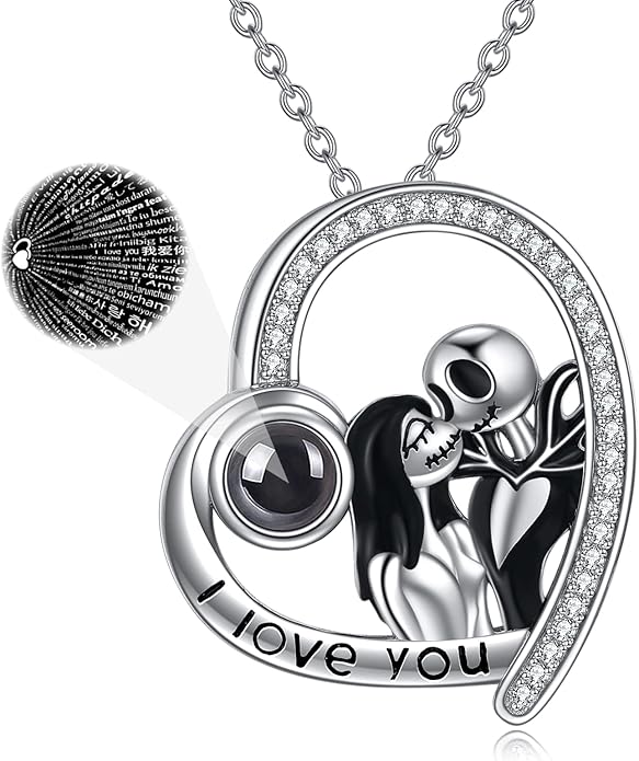 LILALO Nightmare Necklace Sterling Silver Abalone Shell Crystal Jack and Sally Necklace Jack Skellington Skull Jewelry Skull Necklaces for Women
