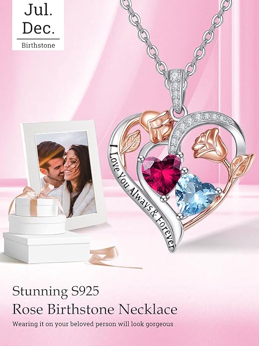 Valentine's Day Gifts for Wife 925 Sterling Silver Double Birthstone Pendant Necklaces I Love You for Always and Forever Necklace Anniversary Birthday Gifts for Wife Girlfriend Mom Her