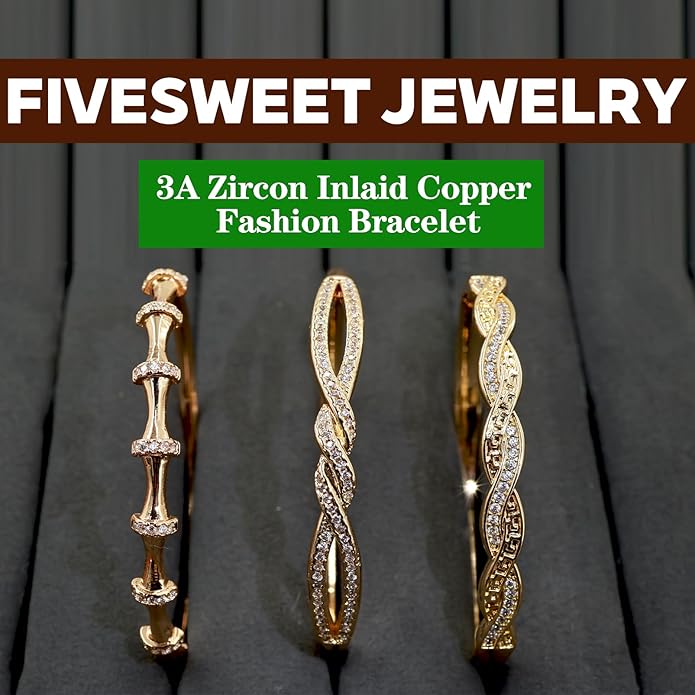 3PCS Gold Bangle Bracelet Set for Women, Bamboo Joint & Twisted Rope Design, Copper Inlaid with 3A Zircon, Stackable Trendy Jewelry, 2.4 Inch, Great Gift for Her Girlfriend Wife Mom Sister Lover on Birthday Christmas Valentine's Day Mother's Day