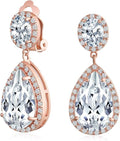 Vintage Style Bridal Cubic Zirconia Simulated Gemstone AAA CZ Halo Dangle Teardrop Chandelier Clip On Earrings For Women Silver Rose Gold Plated in Black Purple Blue Red Rose Pink Green Clear