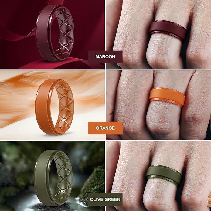 Egnaro Men's Rings 8.5mm Wide-2mm Thick Inner Arc Ergonomic Breathable Rubber Wedding bands-Hypoallergenic for Gym/Outdoor/Gift((1-7 Variety Pack with Half Size)