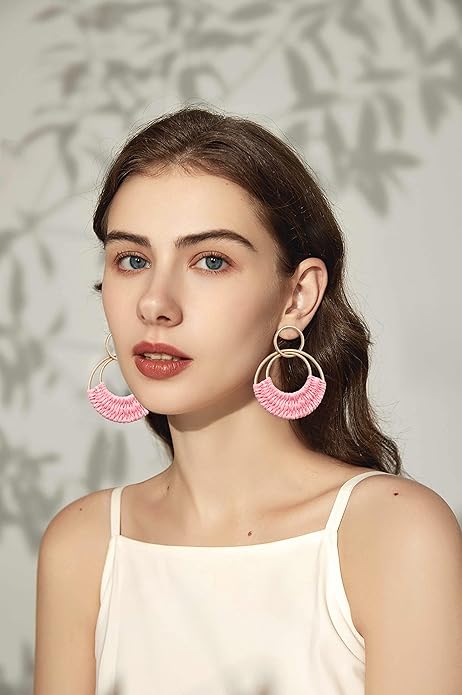 Raffia Hoop Earrings for Women Fun Boho Summer Beach Earrings Lightweight Handmade Straw Wicker Rattan Dangle Earrings Statement Geometric Round Drop Earrings
