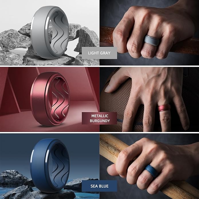 Egnaro Men's Silicone Rings 10mm Wide 2.5mm Thick, Rubber Wedding Bands with Inner Arc Ergonomic Breathable Design, 1/4/5/7 Variety Multipack