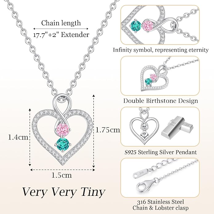 LOUISA SECRET Infinity Double Birthstone Necklace, 925 Sterling Silver Tiny Pendant Heart Necklace for Women Wife Her, Best Jewelry Gift Heart Jewelry Meaningful Gift for Valentine's Day, Christmas, Birthday Anniversary