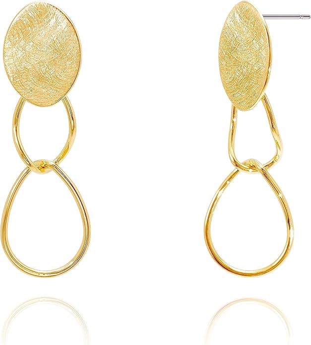 OZEL Gold Dangle Earrings for Women Brushed Finish, Matte Gold Statement Jewelry, 14k Gold Plated