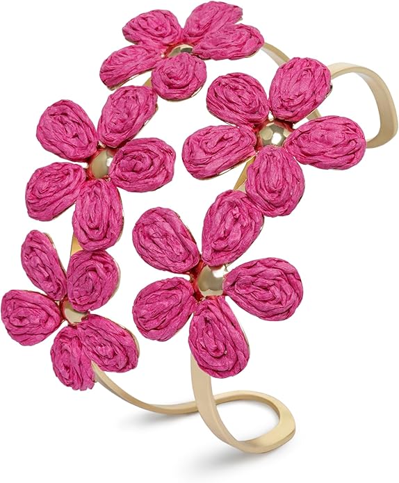 Raffia Flower Cuff Bangle Bracelet for Women, Adjustable Boho Floral Wide Open Bangle for Summer Beach, Handmade Trendy Rattan Jewelry