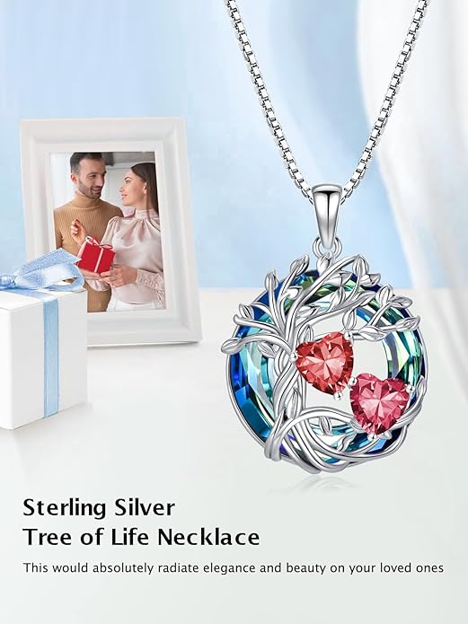TOUPOP s925 Sterling Silver Family Celtic Tree of Life Pendant Necklaces with 2 Heart Birthstone with Blue Austrian Crystal Jewelry Birthday Valentines Day Gifts for Her, Anniversary Christmas Gifts for Wife Girlfriend Mom (18K Real White Gold Filled)