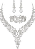 BriLove Women's Wedding Bridal Austrian Crystal Teardrop Flower Cluster Statement Necklace Dangle Earrings Jewelry Set for Party Prom