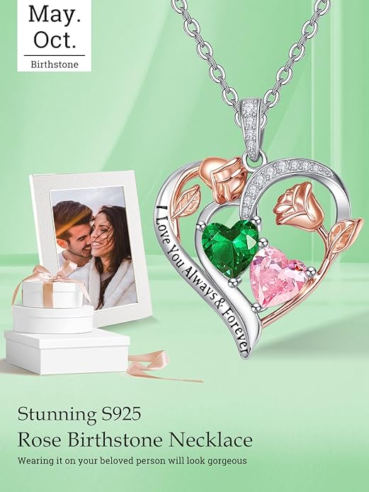 Valentine's Day Gifts for Wife 925 Sterling Silver Double Birthstone Pendant Necklaces I Love You for Always and Forever Necklace Anniversary Birthday Gifts for Wife Girlfriend Mom Her