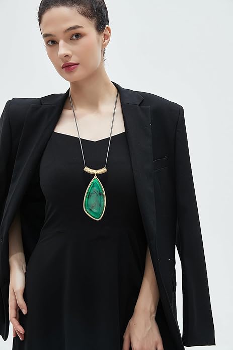 GelConnie Leather Necklace for Women Large Pendant Long Brown Necklace Circle Leather Choker Vintage Sweater Necklace Gold Chunky Boho Necklaces for Women
