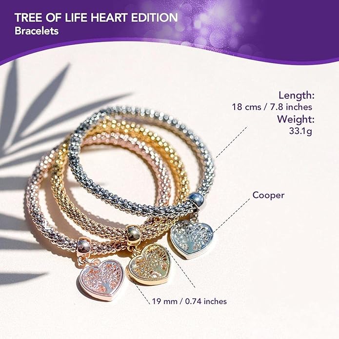 Crystal Charms Multilayer Bracelets - 3PCS Gold/Silver/Rose Gold Corn Chain Bracelet for Women, Tree of Life Heart Shaped Stretch Bracelet
