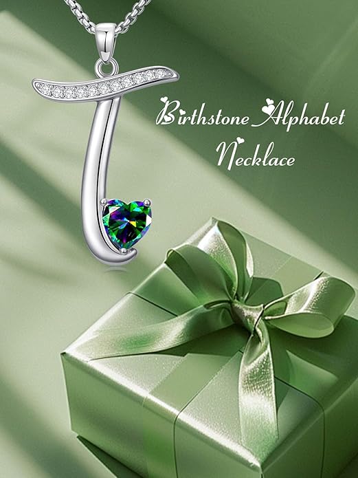 Valentines Day Gifts for Women Alphabet A to Z Initial Birthstone Pendant Necklaces for Women - 18k White Gold Plated Personalized Name Jewelry Valentine Mothers Day Birthday Gifts for Women Her Girlfriend