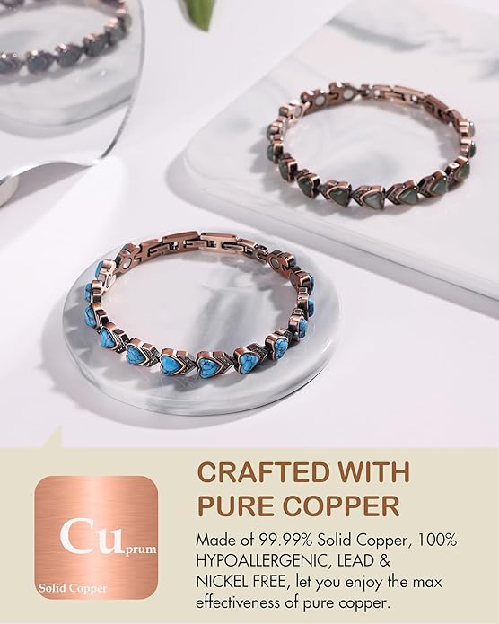 Feraco Pure Copper Bracelets for Women, Ultra Strength Magnetic Bracelet with 3800 Gauss Magnets & Natural Turquoise & Stones, Adjustable, Jewelry Gift