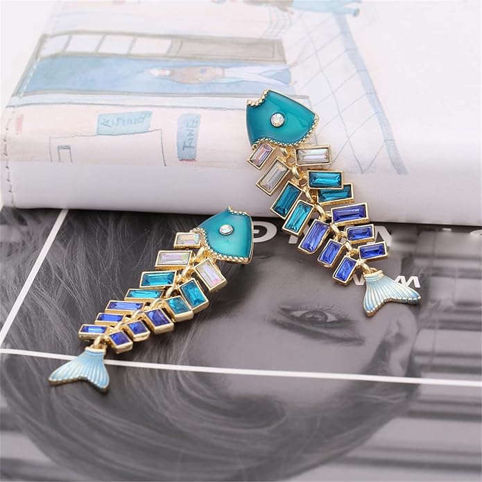 Creative Exaggerated Long Colorful Sparkly Crystal Fish Bone Dangle Drop Earrings Vintage Gold Cute Enamel Diamond Animal metal Stud Earrings